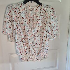 Sienna Sky Red and Pink Smocked Ruffled Blouse 3/4 Sleeves